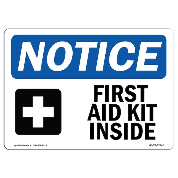 Safety Sign, OSHA Notice, 3.5" Height, First Aid Kit Inside Sign With Symbol, Landscape, 10PK